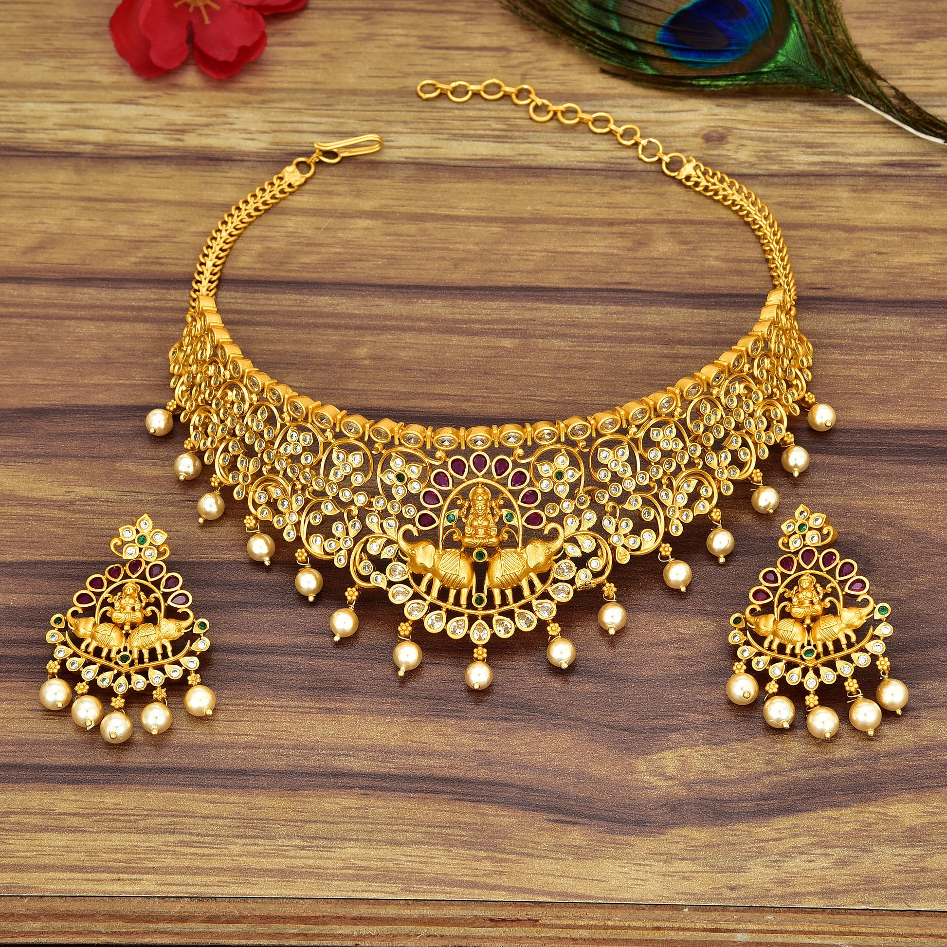Zirconia Gold Lakshmi Devi Design Choker Set – Violet Purple