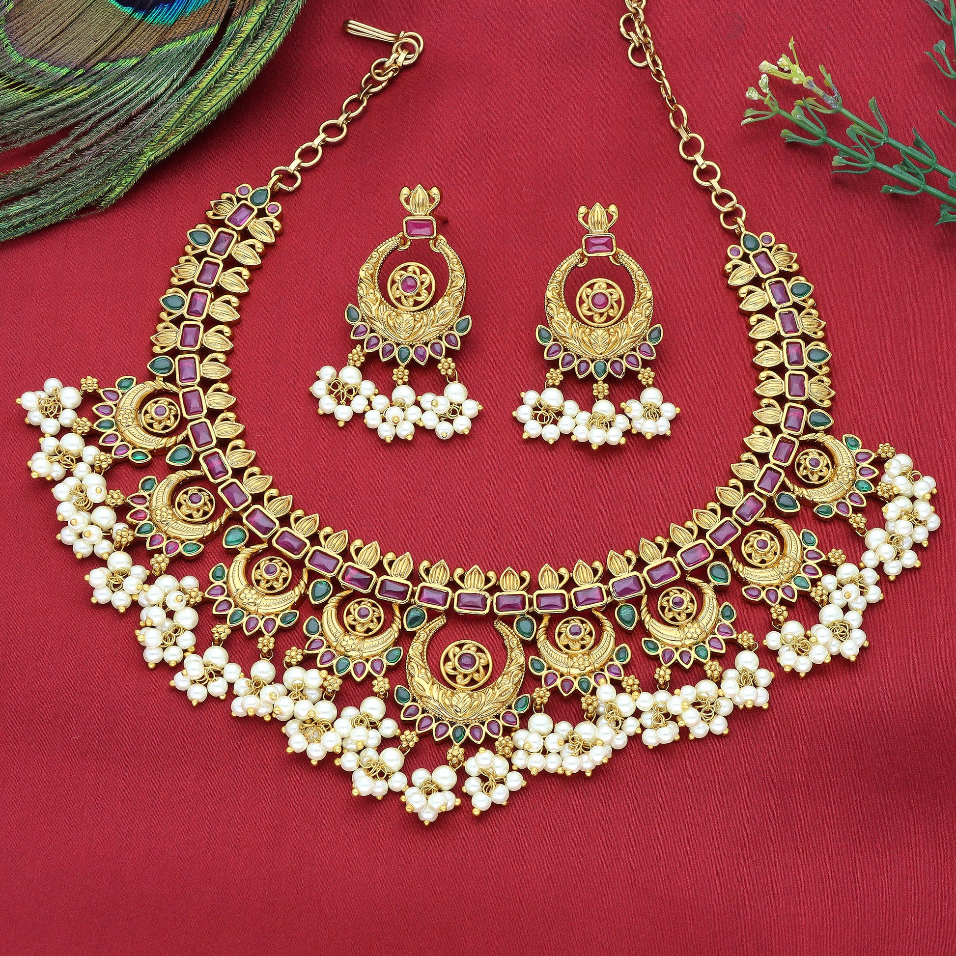 Antique Kempu Necklace Set – Violet & Purple Designer Fashion Jewellery